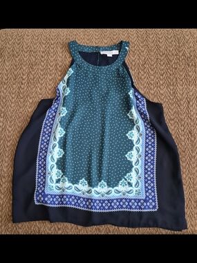 LOFT Teal and Navy Printed Halter Tank Top